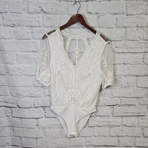 White Flutter Sleeve Lacey Bodysuit